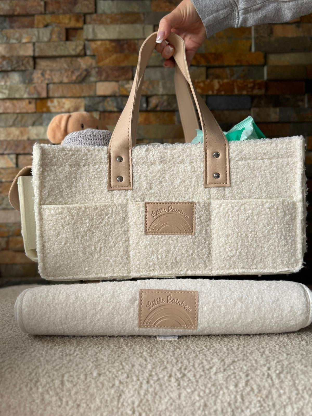 Bouclé Nappy Caddy Organiser & Change Mat - Cream
