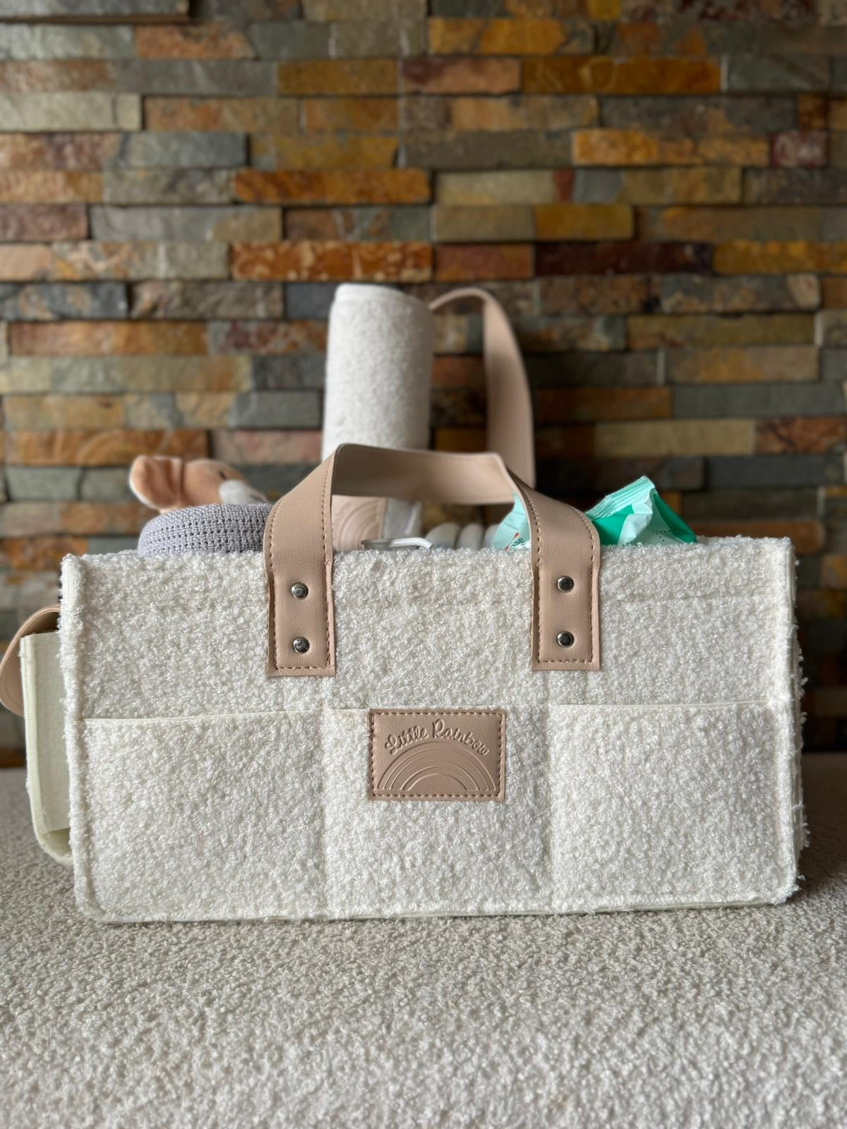 Bouclé Nappy Caddy Organiser & Change Mat - Cream
