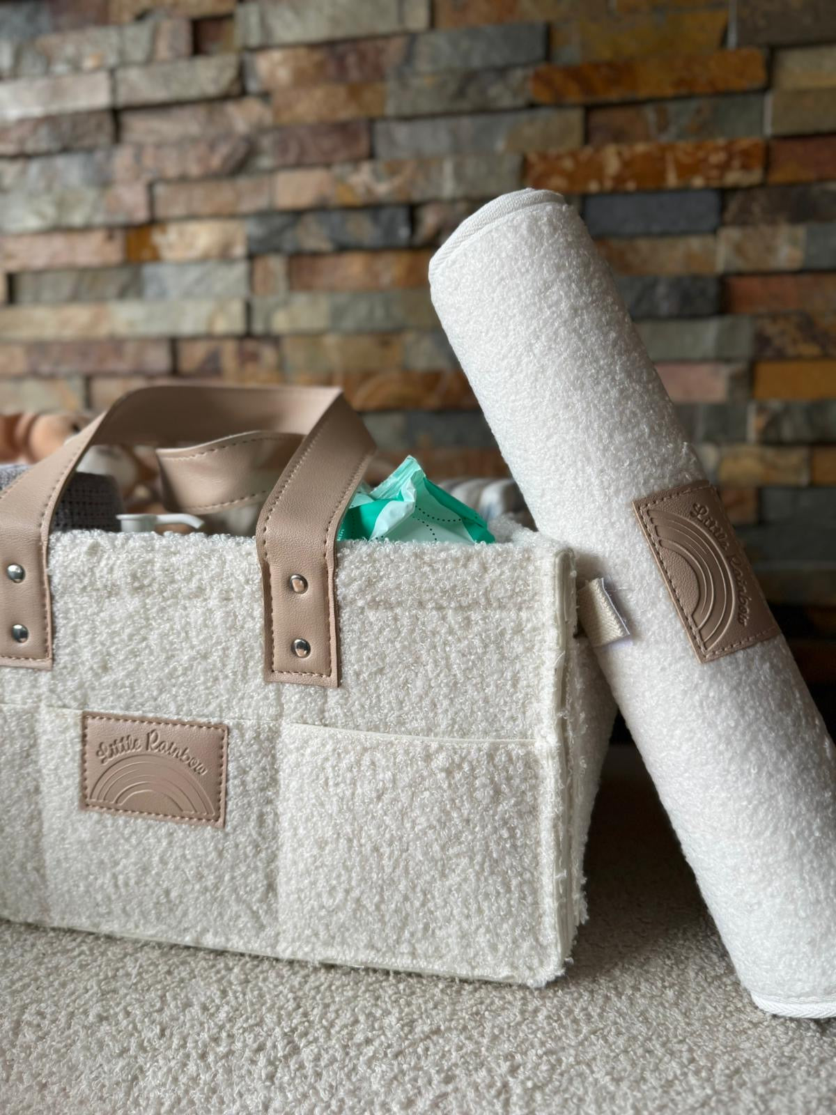 Bouclé Nappy Caddy Organiser & Change Mat - Cream
